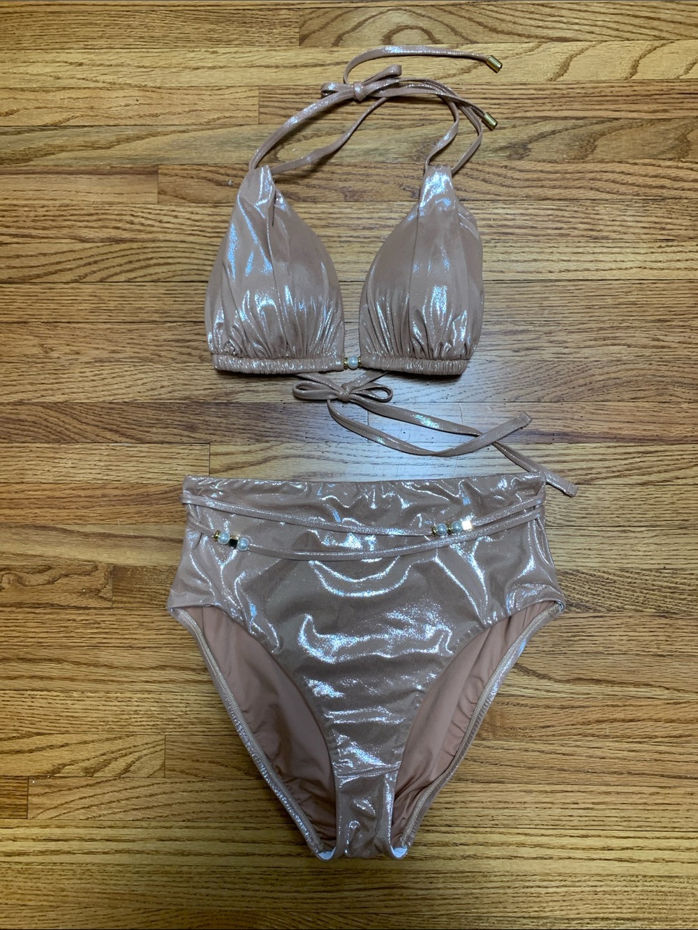 La Blanca swimsuit - shiny metallic tan bikini set, high waist triangle bikini